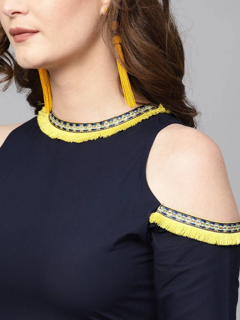 Navy Cold Shoulder Kurta with Fringe Lace