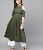 Olive Cold Shoulder Kurta with Fringe Lace