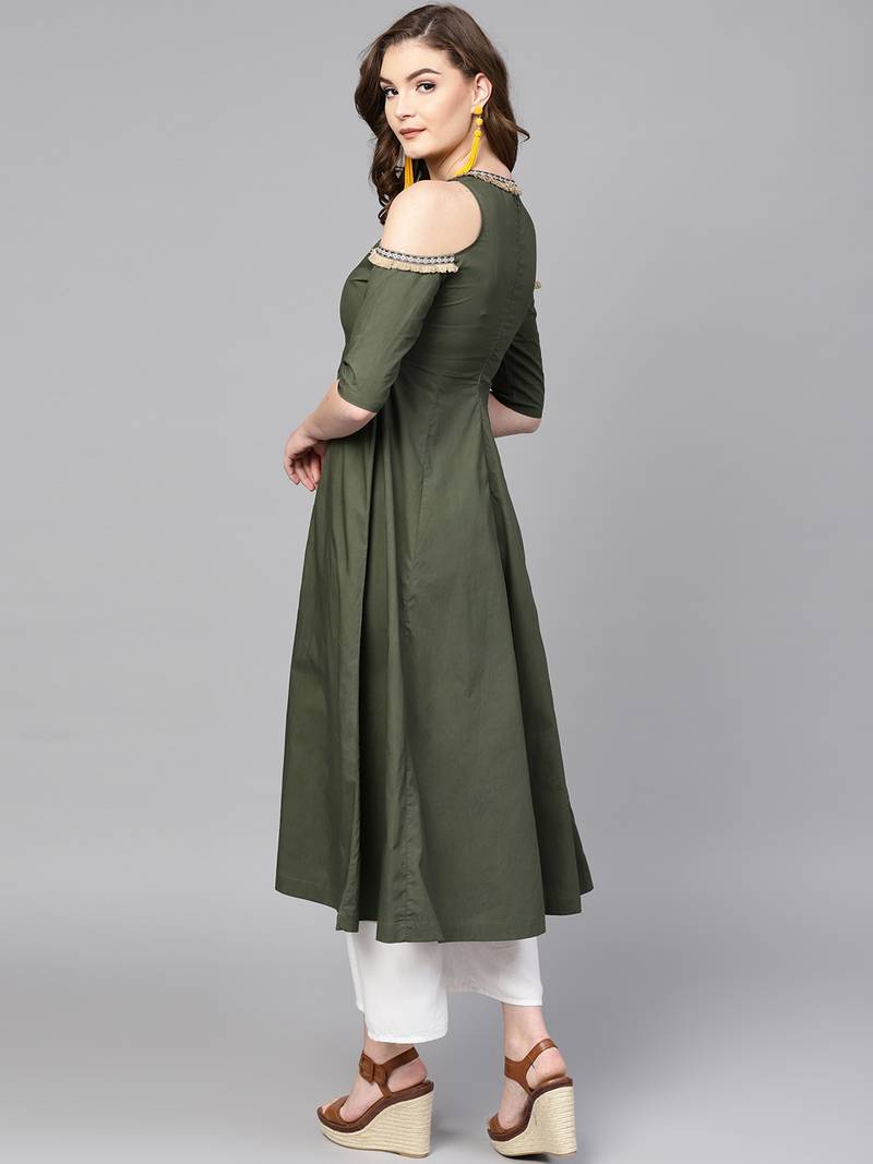 Olive Cold Shoulder Kurta with Fringe Lace