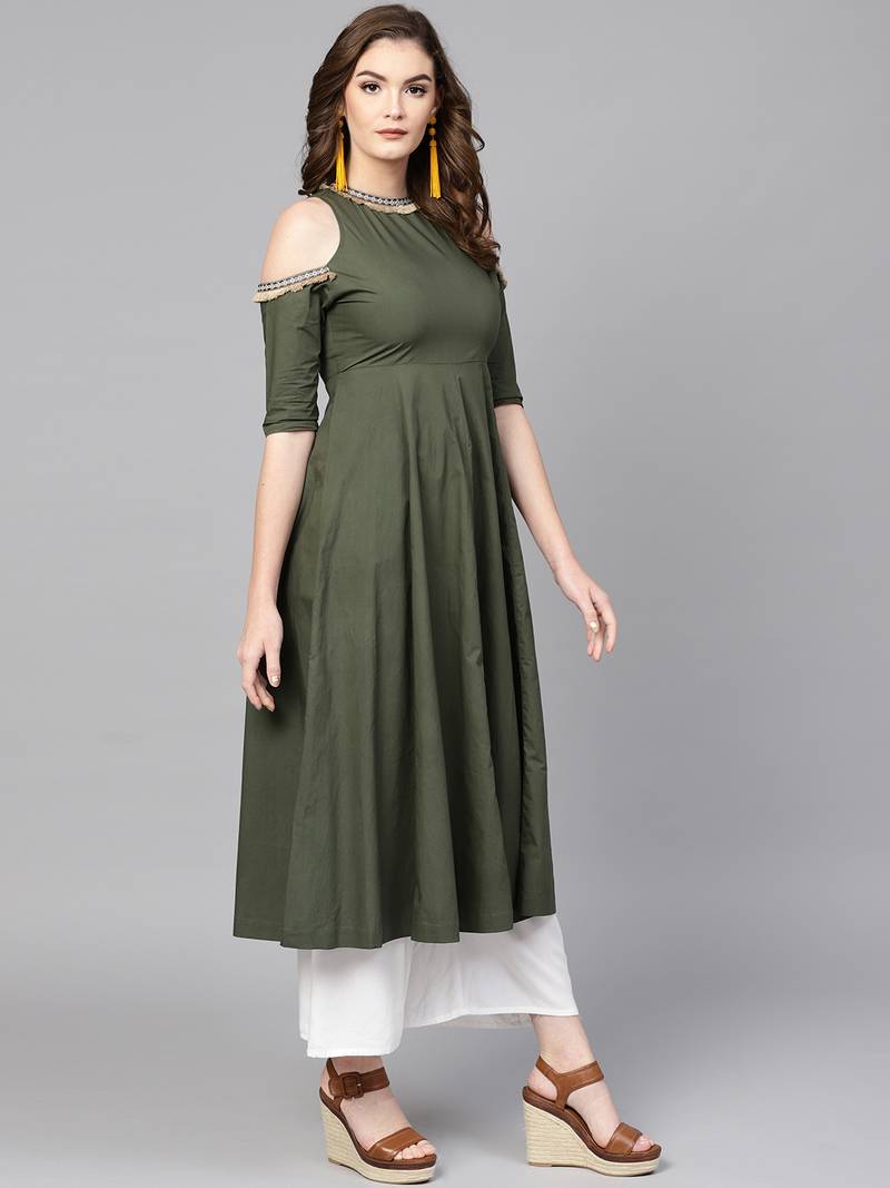 Olive Cold Shoulder Kurta with Fringe Lace