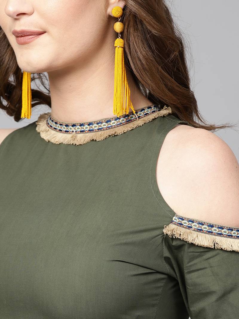 Olive Cold Shoulder Kurta with Fringe Lace