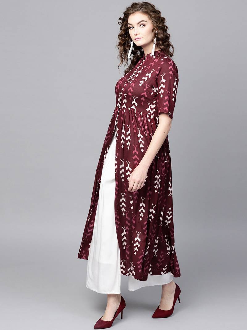 Maroon Ikat Front Open Shirt Kurta