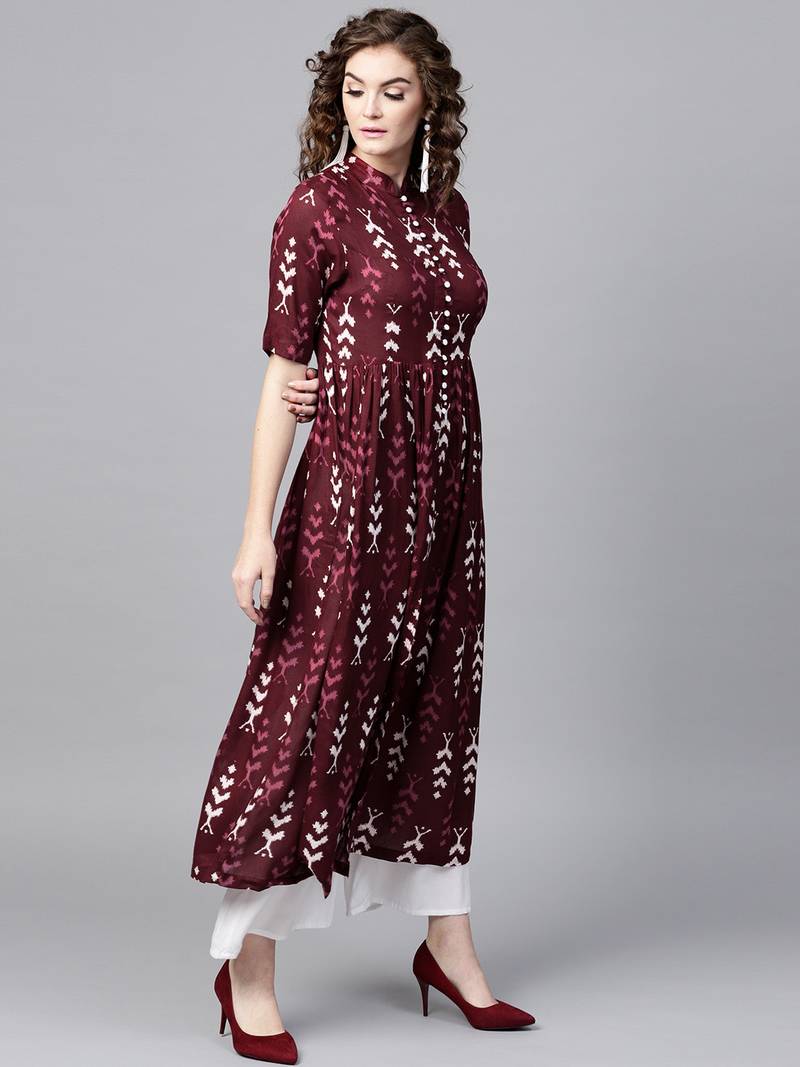Maroon Ikat Front Open Shirt Kurta
