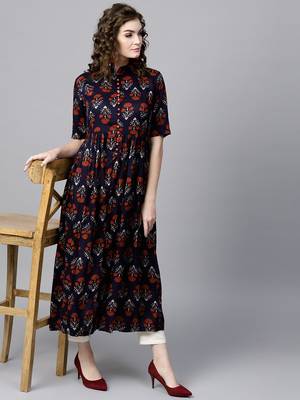 Navy floral print Front Open Shirt Kurta 1