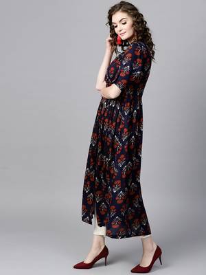 Navy floral print Front Open Shirt Kurta 2