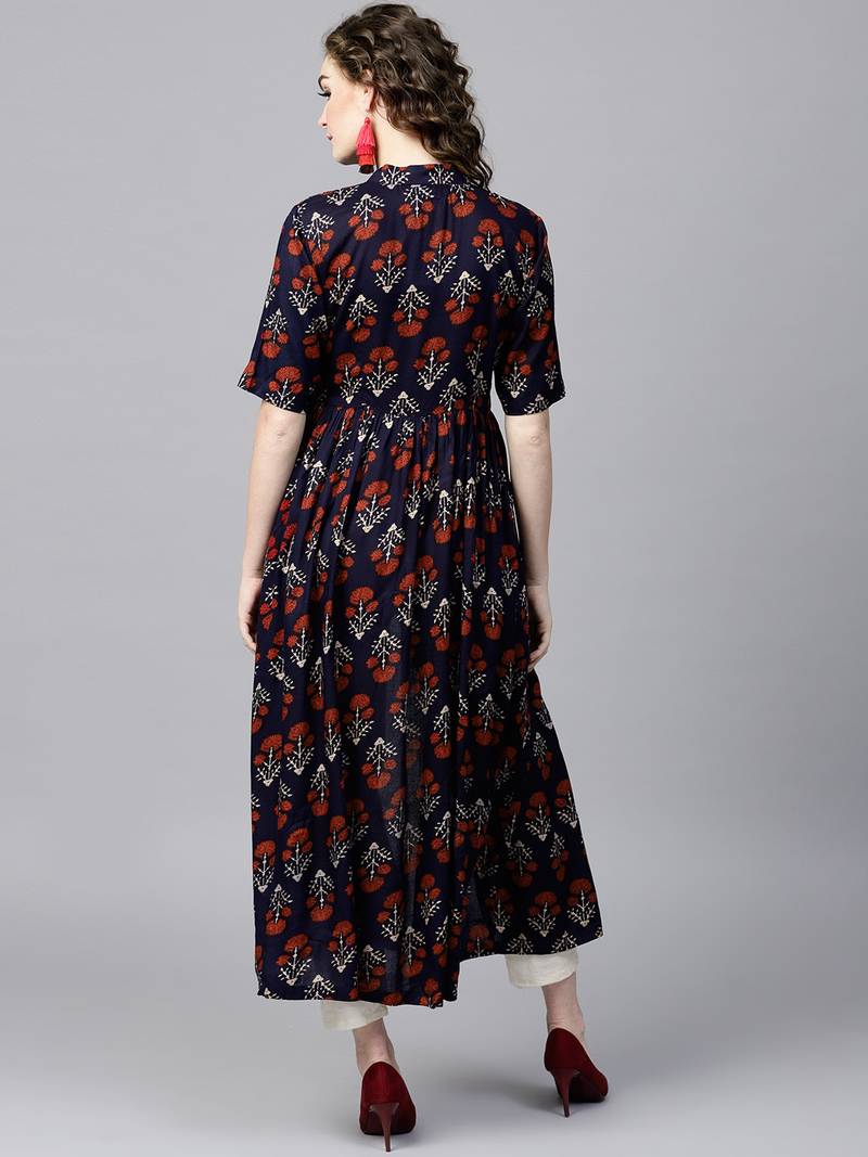 Navy floral print Front Open Shirt Kurta