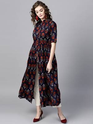 Navy floral print Front Open Shirt Kurta 4