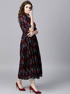 Navy floral print Front Open Shirt Kurta 5