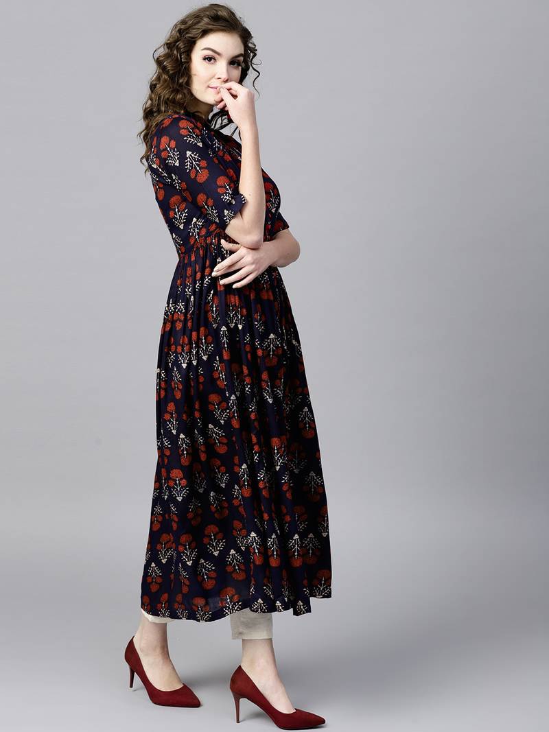 Navy floral print Front Open Shirt Kurta