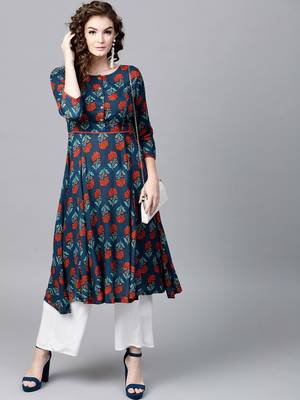 Blue & Red floral print Anarkali 1