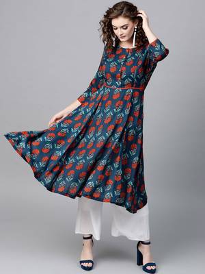 Blue & Red floral print Anarkali 4