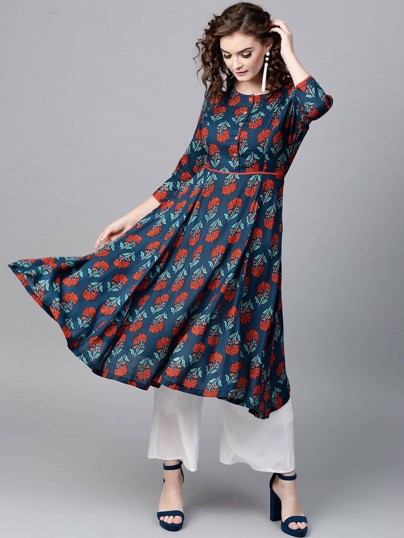 Blue & Red floral print Anarkali