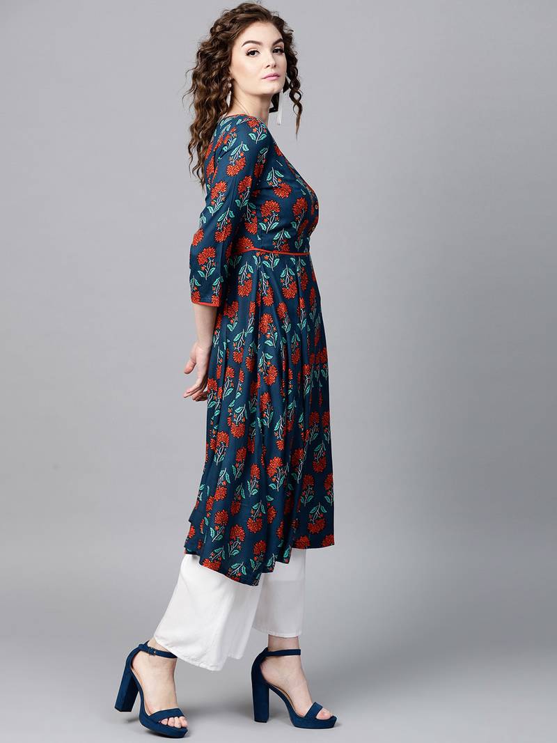 Blue & Red floral print Anarkali