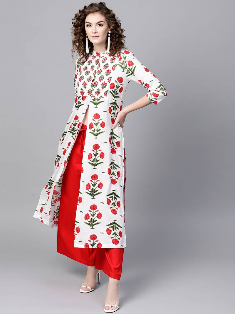 Off-White floral print Front & Side Slit Kurta