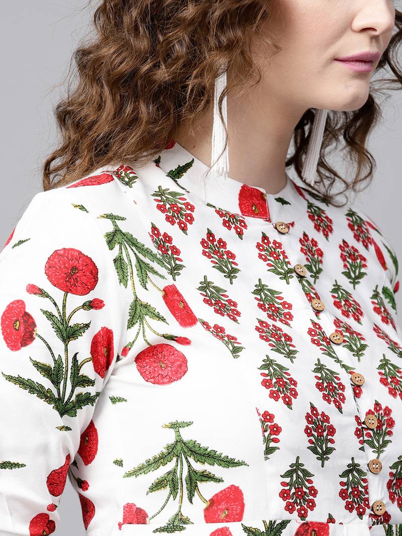 Off-White floral print Front & Side Slit Kurta