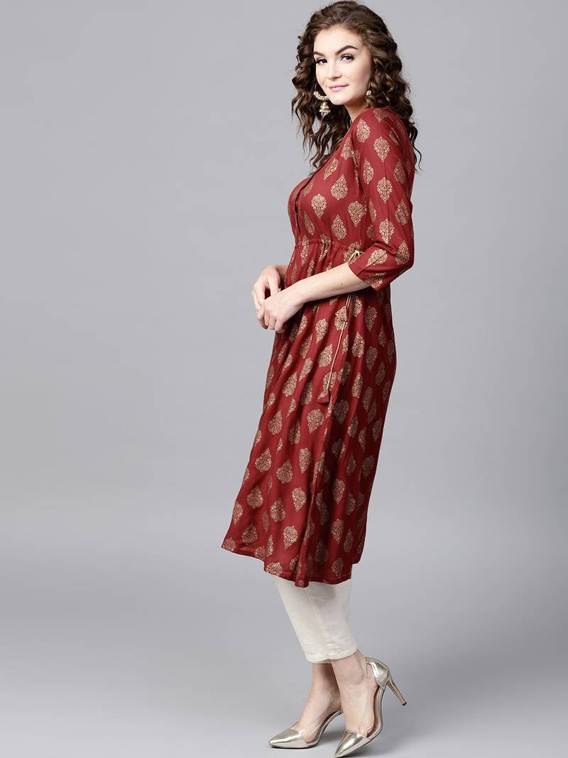 Maroon Foil Side Tie-Up Kurta