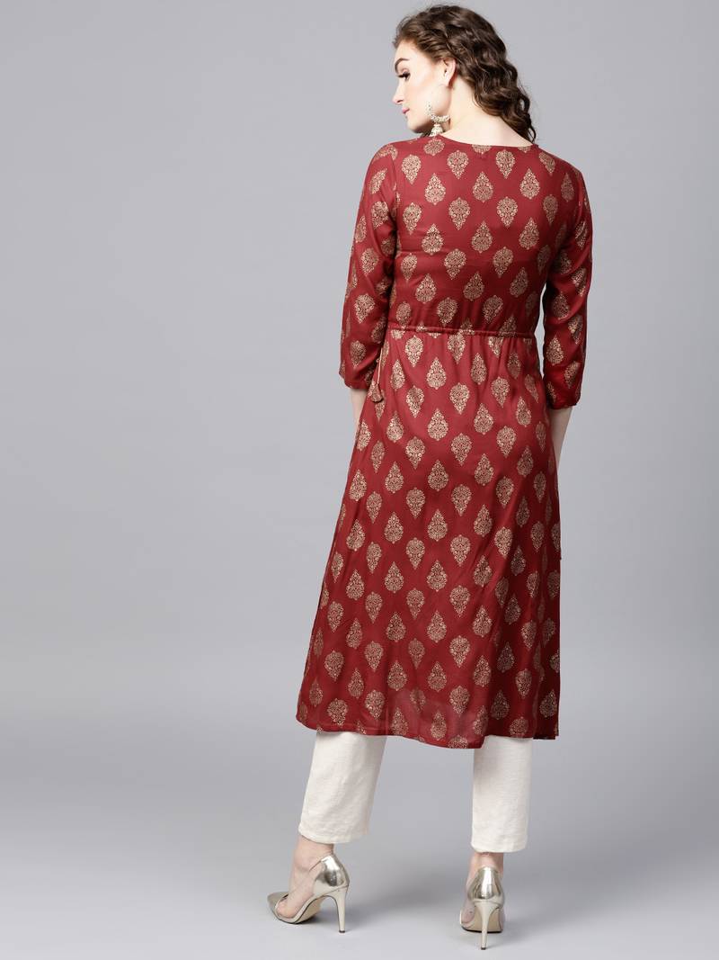 Maroon Foil Side Tie-Up Kurta