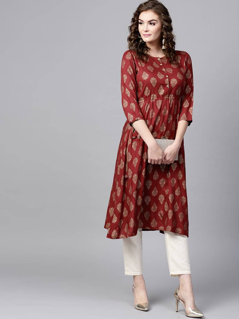 Maroon Foil Side Tie-Up Kurta