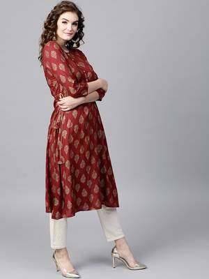 Maroon Foil Side Tie-Up Kurta 5