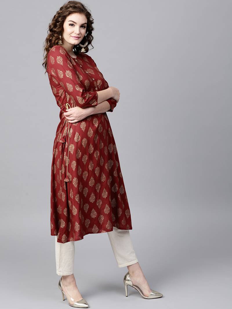 Maroon Foil Side Tie-Up Kurta