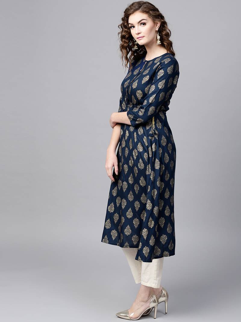 Navy Foil Side Tie-Up Kurta