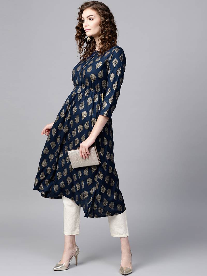 Navy Foil Side Tie-Up Kurta