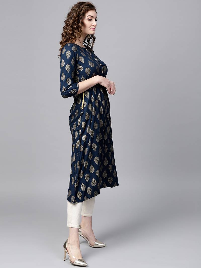 Navy Foil Side Tie-Up Kurta