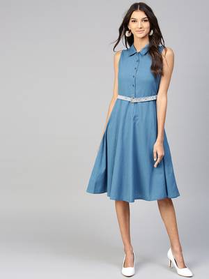 Blue Embroidered Belt Ethnic Midi Dress 1
