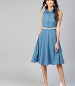 Blue Embroidered Belt Ethnic Midi Dress