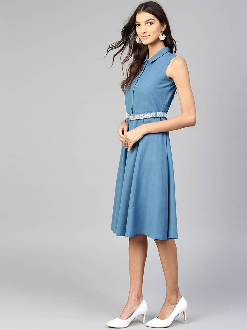 Blue Embroidered Belt Ethnic Midi Dress