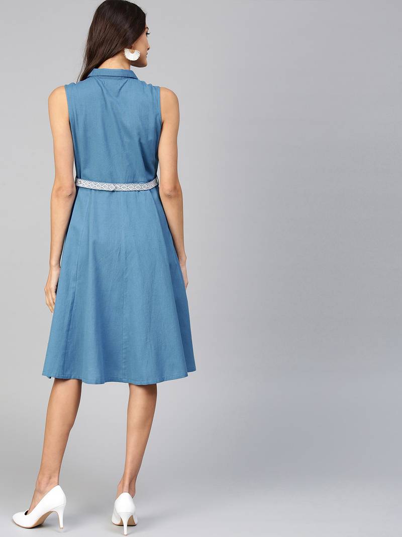 Blue Embroidered Belt Ethnic Midi Dress