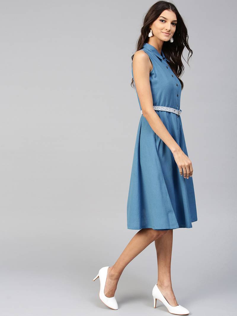 Blue Embroidered Belt Ethnic Midi Dress