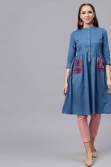 floral_print Printed Pocket Blue Ethnic Midi Dress