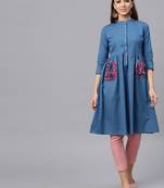 floral_print Printed Pocket Blue Ethnic Midi Dress