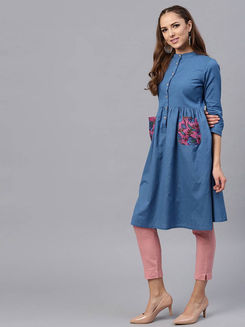 floral_print Printed Pocket Blue Ethnic Midi Dress