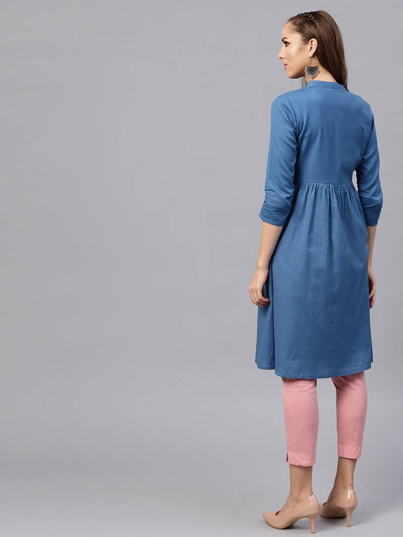 floral_print Printed Pocket Blue Ethnic Midi Dress