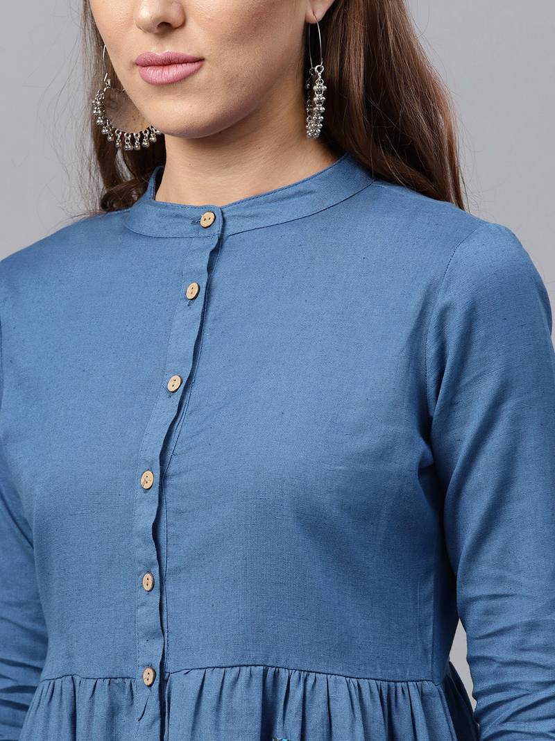 floral_print Printed Pocket Blue Ethnic Midi Dress