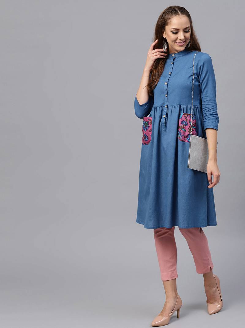 floral_print Printed Pocket Blue Ethnic Midi Dress