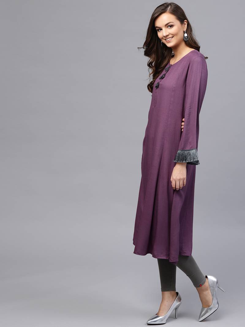 Purple Fringed Sleeves Kurta