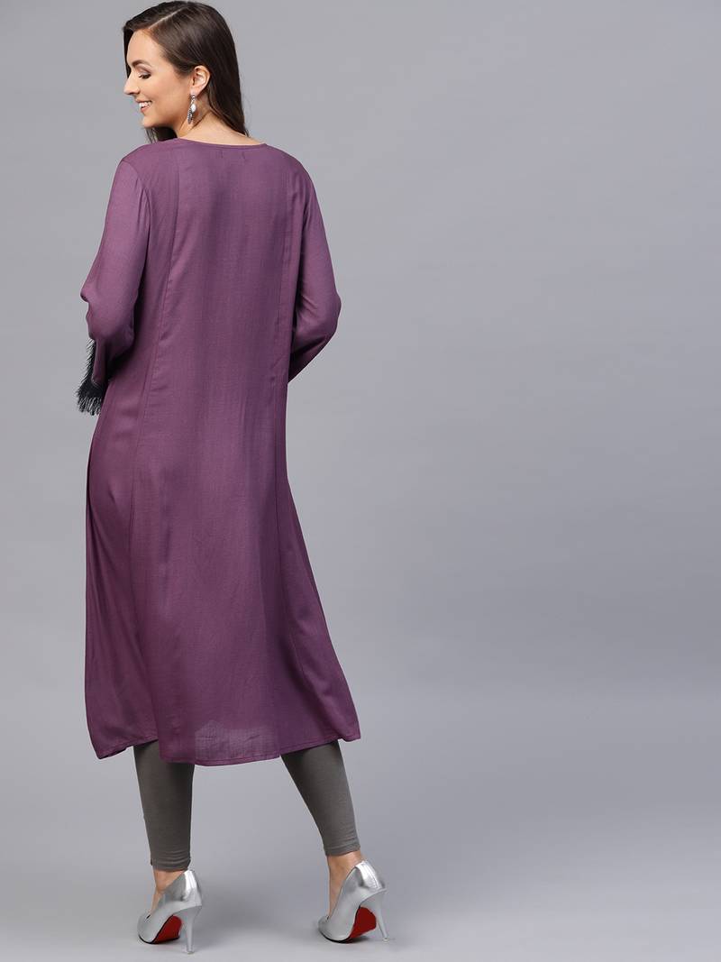 Purple Fringed Sleeves Kurta