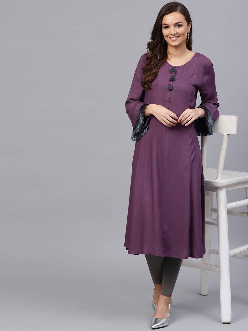 Purple Fringed Sleeves Kurta