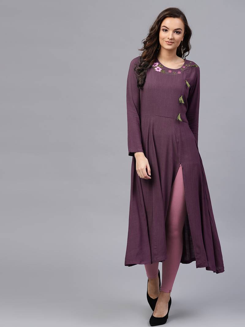 Purple Embroidered Angrakha Kurta