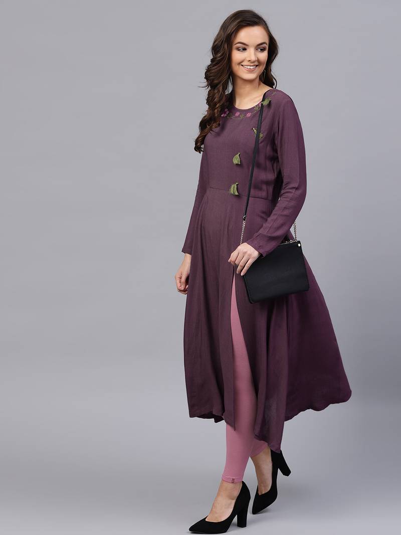 Purple Embroidered Angrakha Kurta