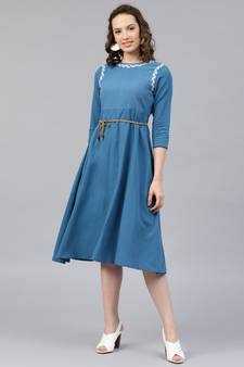 Blue Embroidered Belted Ethnic Dress