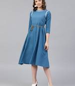 Blue Embroidered Belted Ethnic Dress