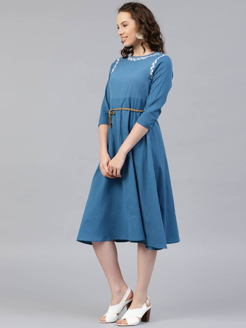Blue Embroidered Belted Ethnic Dress