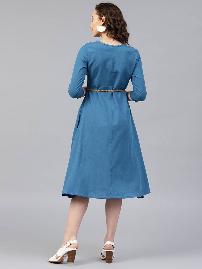Blue Embroidered Belted Ethnic Dress