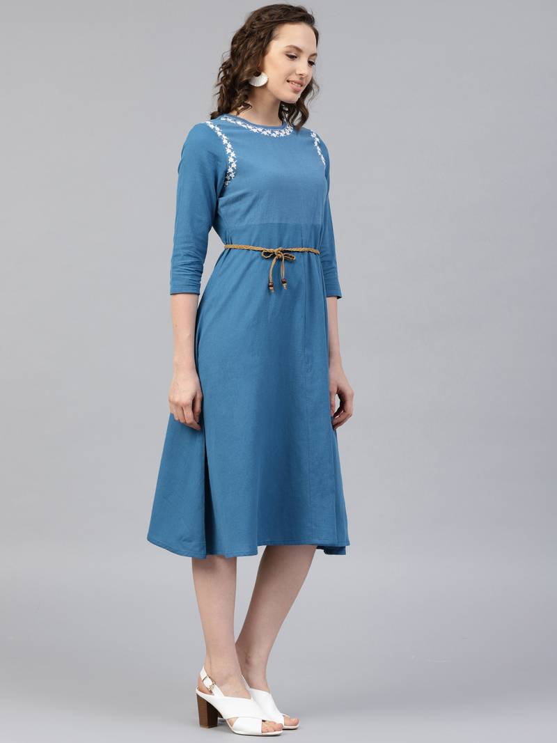 Blue Embroidered Belted Ethnic Dress