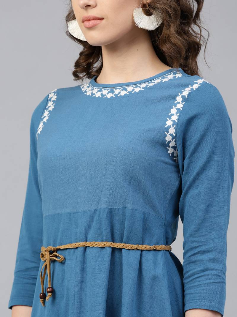 Blue Embroidered Belted Ethnic Dress