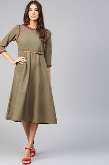 Brown Embroidered Belted Ethnic Dress